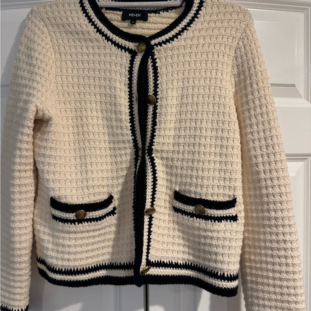 ME+EM Cream and Black Cardigan Sweater with Textured Knit